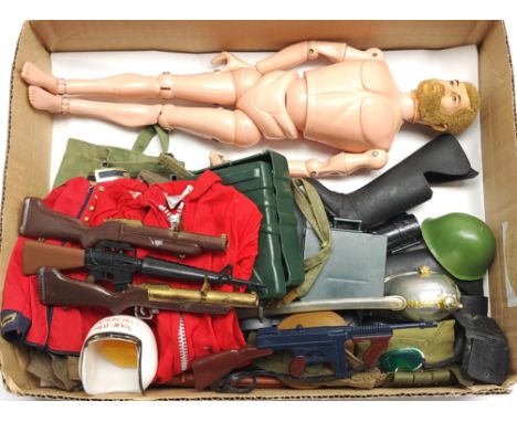 Palitoy Action Man vintage, unboxed group to include undressed flock head figure, plus various accessories including part out