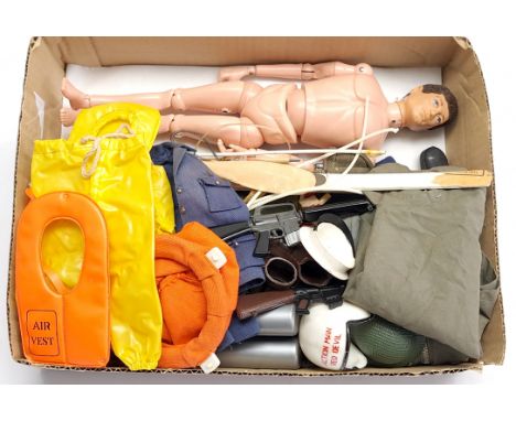 Palitoy Action Man vintage, unboxed group to include undressed flock head figure plus various accessories including part outf