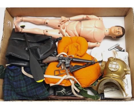 Palitoy Action Man vintage, unboxed group to include undressed flock head figure, plus various accessories including part out