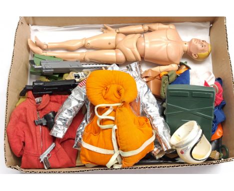 Palitoy Action Man vintage, unboxed group to include undressed painted head figure plus various accessories including part ou