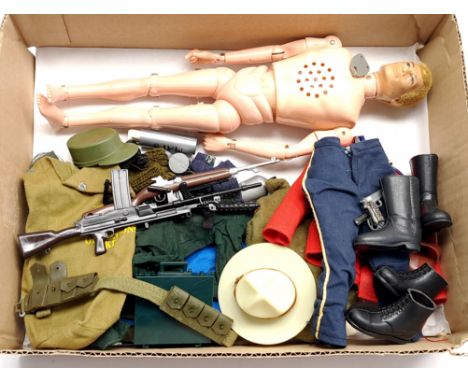 Palitoy Action Man vintage, unboxed group to include undressed flock head figure, plus various accessories including part out