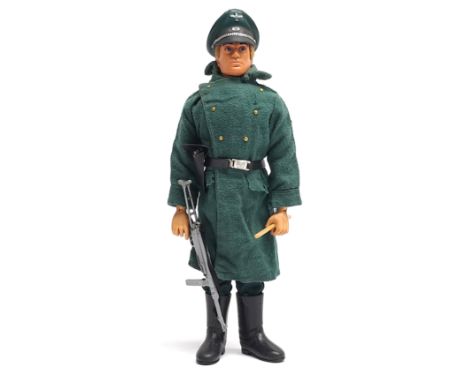 Palitoy Vintage Action Man Camp Kommandant, blonde flock hair, blue pants, eagle-eyes, gripping hands, wearing shirt, trouser