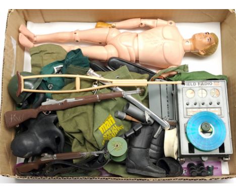 Palitoy Action Man vintage, unboxed group to include undressed flock head, gripping hands figure plus various accessories inc