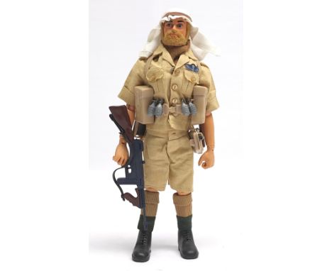 Palitoy Vintage Action Man Long Range Desert Group, blonde flock hair and beard, blue pants, eagle-eyes, gripping hands, wear