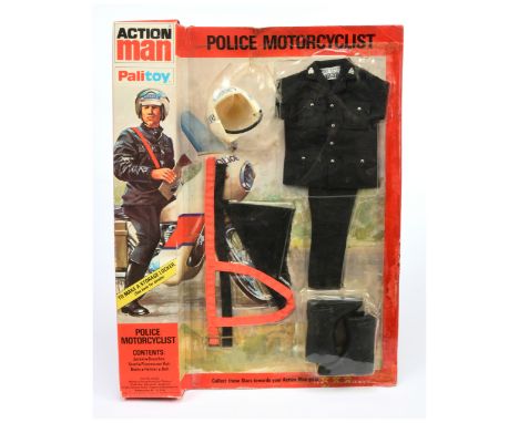 Palitoy vintage Action Man Police Motorcyclist outfit, comprising jacket, breeches, scarf, fluorescent belt, boots and helmet