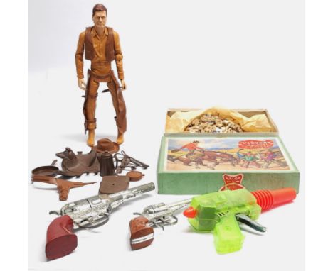 Marx Toys vintage Johnny West figure complete with loose accessories including saddle, coffee pot, hat, frying pan plus other