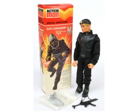 Palitoy Action Man Vintage Combat Division SAS Commander - dynamic body with suit, flak jacket, hood, gas mask and Koch SMG, 