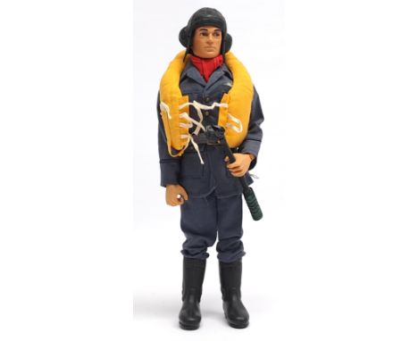 Palitoy Vintage Action Man 'Battle of Britain' Pilot, dark flock hair, blue pants, eagle-eyes, gripping hands, wearing jacket