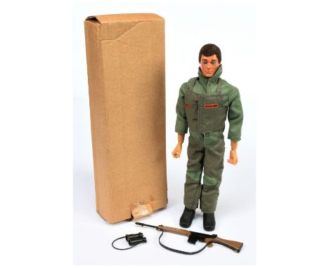 Palitoy Action Man vintage figure - dynamic body with SLR rifle and binoculars, appears to be dressed in more recent issue Ac