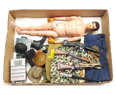 Palitoy Action Man vintage, unboxed group to include undressed flock head, gripping hands figure plus various accessories inc