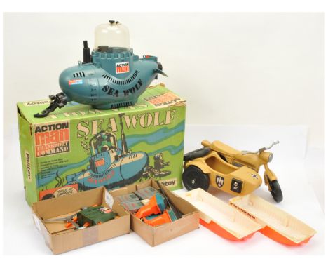 Palitoy/Cherilea Action Man Vintage group of vehicles including (1) boxed 34730 Sea Wolf Submarine - some parts have broken o