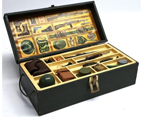 GI Joe wooden Ammunition and Accessories Kit box - dark green wood with printed top, card printed inlay and plastic tray with