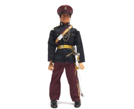 Palitoy Vintage Action Man Royal Hussar, dark flock hair, blue pants, eagle-eyes, gripping hands, wearing tunic, trousers, sh