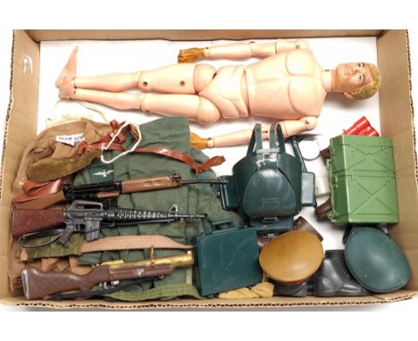 Palitoy Action Man vintage, unboxed group to include undressed flock head, gripping hands figure plus various accessories inc
