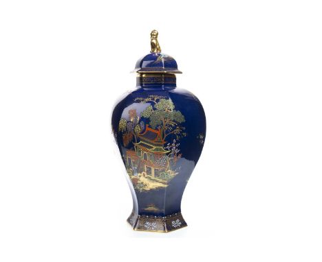 CARLTON WARE 'MIKADO' PATTERN VASE AND COVER, of hexagonal baluster form, with chinoisserie decoration on a blue ground, prin