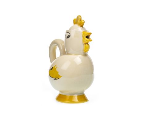 CLARICE CLIFF BIZARRE LIDDED COCOA POT, formed as a chicken, with marks to underside, 16cm high