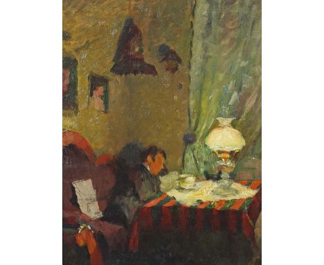 Jung, OttoOstdorf 1867 - 1966, war Maler in Stuttgart, Schüler von Grünenwald, Igler und Kappis. "Lesestunde", Stubeninterieu