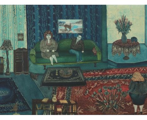 Hurm, KarlWeildorf 1930 - 2019 Balingen, Maler der naiven Kunst. "Blaues Wohnzimmer mit grünem Sofa", auf diesem ein Paar sit