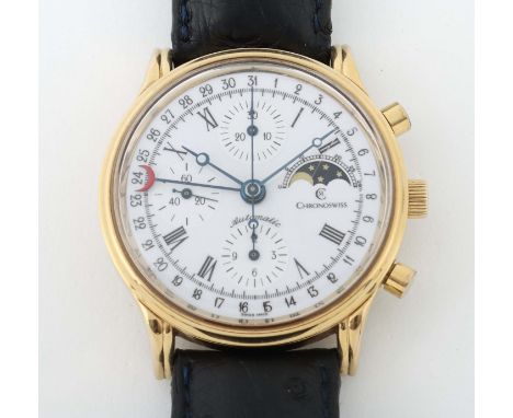 Herrenarmbanduhr Chronoswiss1980er Jahre, Schweiz, Edelstahl/teils verg., Automatikwerk mit Chonograph, rundes Gehäuse mit we