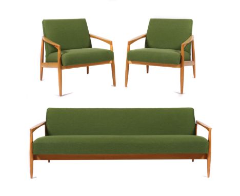 SitzgruppeGoldfeder Polstermöbel, 1960er Jahre, 3-Sitzer-Sofa und zwei Sessel, Kirschholzgestell mit konkav geformten Beinen,