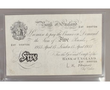 A 1955 Bank of England white five pound note, dated April 15th chief cashier L. K. Obrien serial No. 247050726.