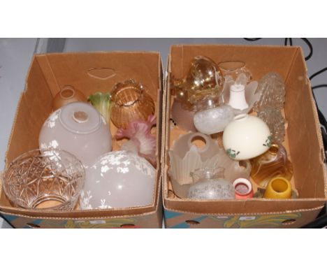 Two boxes of various glass light shades to include etched marbleised and painted examples.