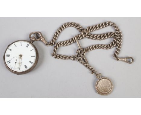 A Victorian silver fusee fob watch with white enamel dial and subsidiary seconds, assayed London 1878 on silver graduated dou