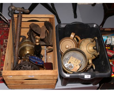 Two boxes of mostly metalwares to include beer pump, oil lamp font, kettles, hobbing feet etc.