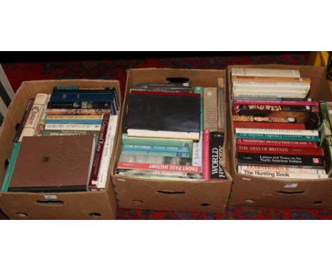 Three boxes of hardback books to include stories, wildwest, hunting, Victorian painting book etc.