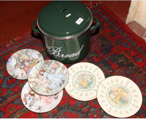 A green enamel bread bin along with a quantity of Royal Doulton and Royal Worcester cabinet plates.