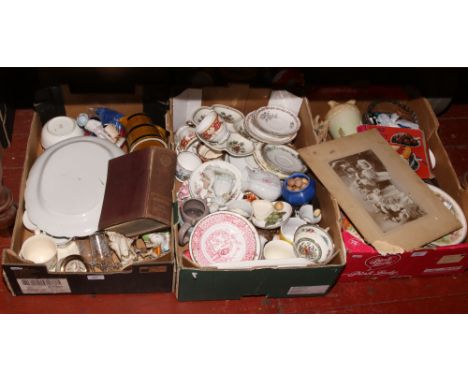 Three boxes of miscellaneous to include bone china teawares, cabinet plates, ceramic figures etc.