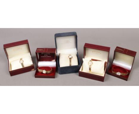 Five boxed ladies Rotary bracelet watches including white paste set examples.