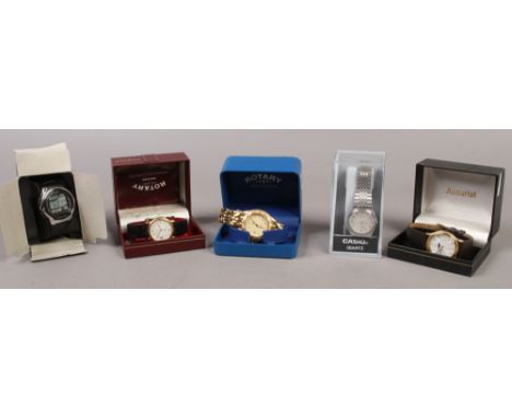 Five boxed gents wristwatches including Casio, Rotary, Accurist etc.