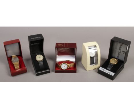 Five boxed gents wristwatches including Sekonda, Seiko, Rotary etc.