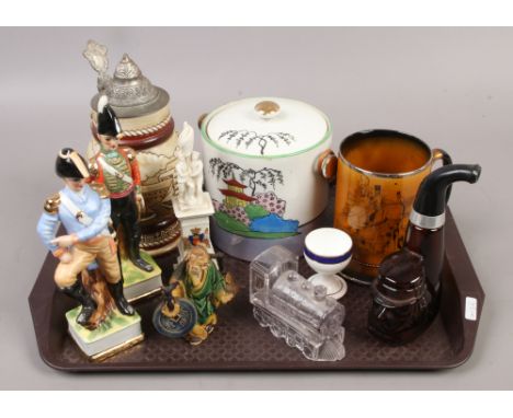 A tray of collectable ceramics to include Arthur Wood coaching and hunting tankard, Japanese biscuit barrel, Shelley crested 