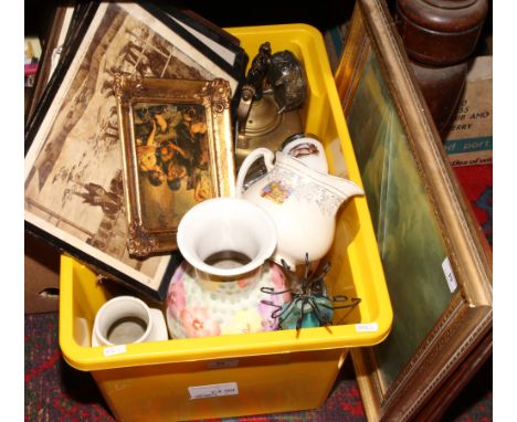 A box of miscellaneous to include vintage copper plated kettles, Smith quartz carriage clock, vases, glass jelly mould, Wedgw