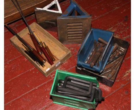 A quantity of engineering tools to include listening sticks, heavy duty drillbits and Allen keys etc.