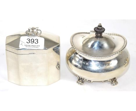 A late Victorian octagonal silver tea caddy, William Hutton & Sons, London 1896' and an Edwardian example of bellied form, At