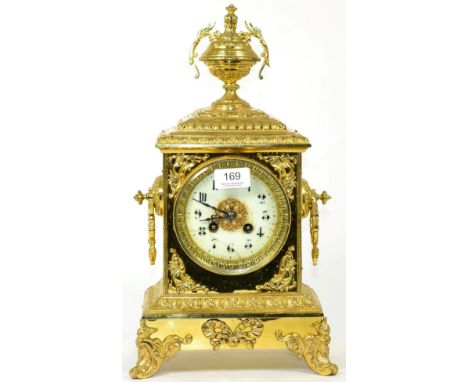 A late 19th century gilt brass mantel clock, Arabic dial (a.f.) eight day movement