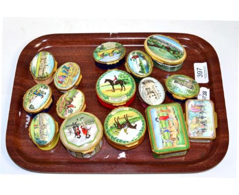 A group of fifteen Halcyon Days enamel boxes, including two limited edition horse racing examples, Diamond Jubilee 71/500 and