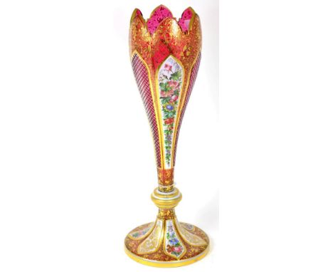 A large 19th century Bohemian cut and overlaid glass vase, 46cm highSome light wear to the gilding on the rims and edges. No 