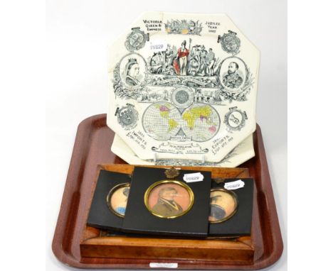 Three portrait miniatures; a silhouette portrait and two Victorian plates 