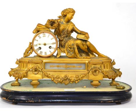 A 19th century Continental gilt metal figural mantel clock, on ebonised plinth base