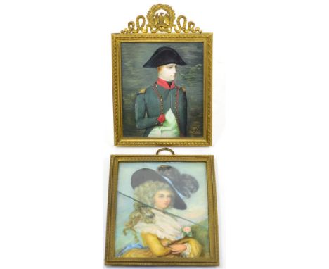 An 18th century style portrait miniature of a lady; and a portrait of gentleman, later adapted as Napoleon (2)