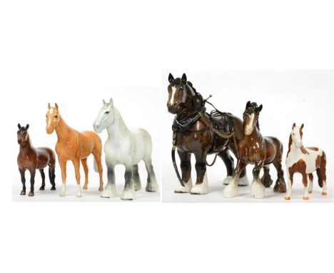 Beswick Horses Comprising: Burnham Beauty, model No. 2309, brown gloss, harnessed; Pinto Pony, model No. 1373, second version