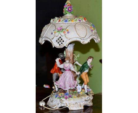 Decorative Continental porcelain figural table lamp with matching shade and lithophane inserts