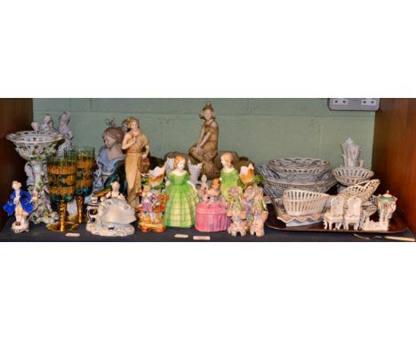 A large quantity of Continental ceramics, lattice rim plates, decorative china and figures, Austrian figure on a lily pad (a.