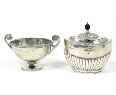 A late Victorian silver tea caddy, Sheffield 1899; and a twin handled silver pedestal bowl Sheffield 1911, 14.1ozt (2)