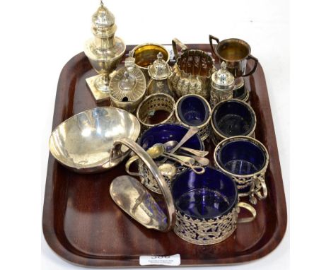 A quantity of silver condiments and other items to include: various pierced salts; a Victorian soup ladle (re-formed); a pede