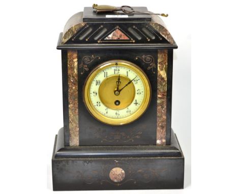 A late 19th century black slate and marble mantel clock